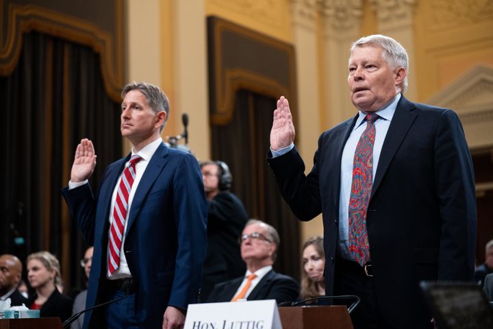 Greg Jacob, left, former counsel to Vice President Mike Pence, and J. Michael Luttig, a former federal judge, appear before the House select committee hearing on the events leading up to the Jan. 6, 2021, riot at the U.S. Capitol.