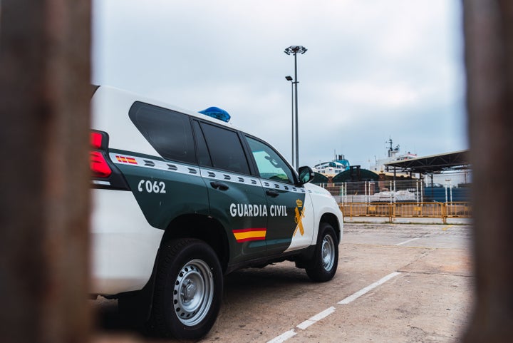 Malaga, Spain - January 1, 2022 Spanish Civil Guard car parked in the seaport of Malaga. Civil Guard is a type of militarized police force that exists in Spain.