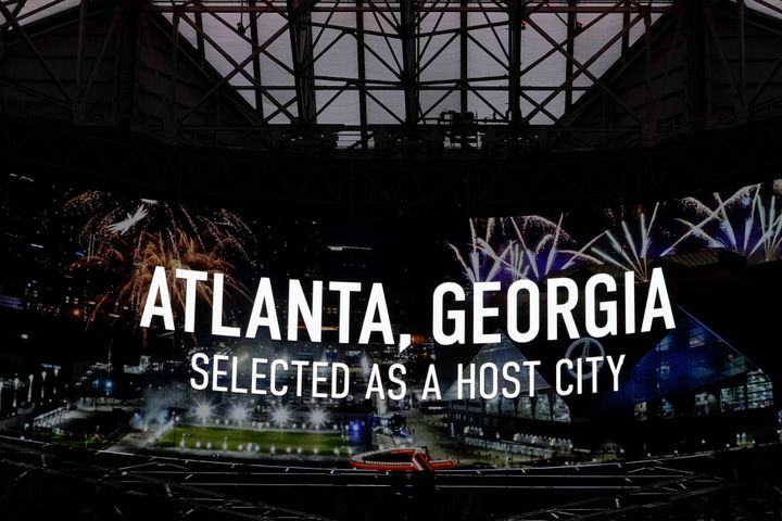 Mercedes-Benz Stadium displays an announcement that FIFA has selected Atlanta as a 2026 soccer World Cup host city, on June 16, 2022, in Atlanta.