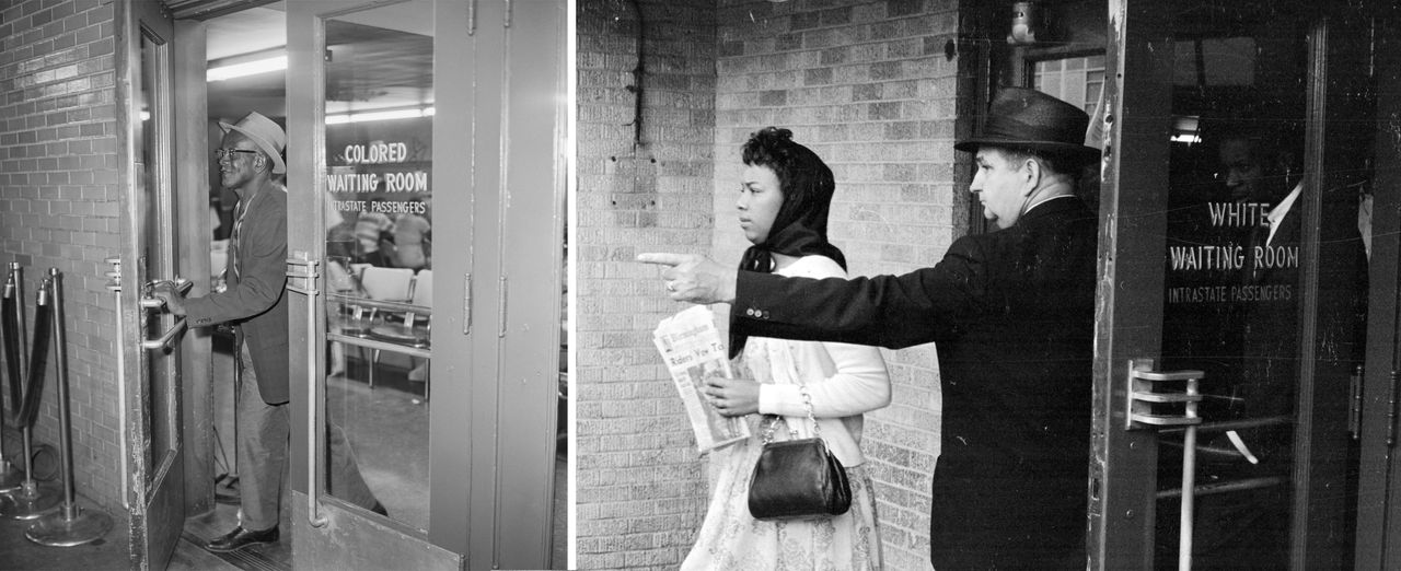 Left: An African American passenger exits the "colored waiting room" at the Trailway Bus Terminal in Jackson, Mississippi. Right: A Black woman is directed away from a "white waiting room" in Jackson, May 25, 1961. She has arrived on the Freedom Bus to protest against the racial segregation of passengers on the nation's buses.