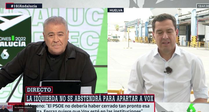 Entrevista de Antonio García Ferreras a Juan Manuel Moreno Bonilla en 'Al Rojo Vivo' (LaSexta).