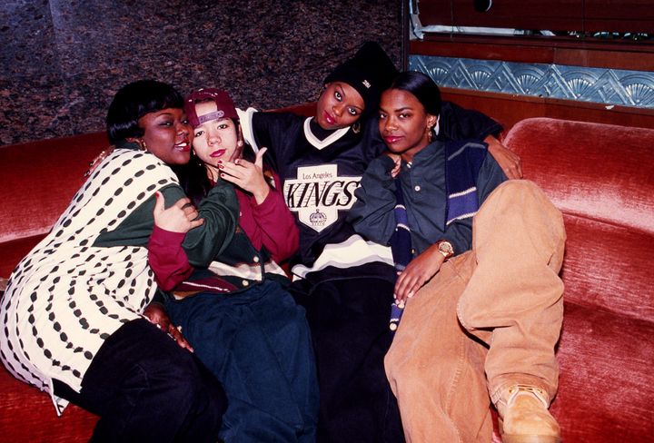 Singers LaTocha Scott, Tameka "Tiny" Cottle, Tamika Scott and Kandi Burruss of Xscape poses for photos at the LeMeridien Hotel in Chicago, Illinois, in September 1993. 
