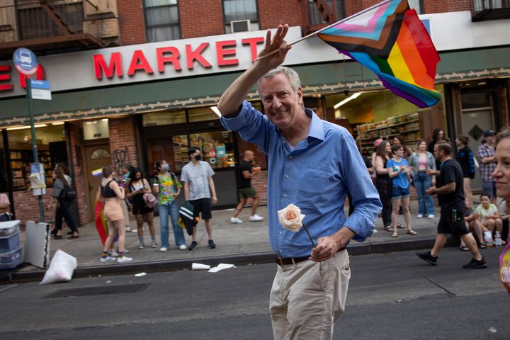 Bill de Blasio marches in the Brooklyn Gay Pride parade in the Park Slope neighborhood on June 11.