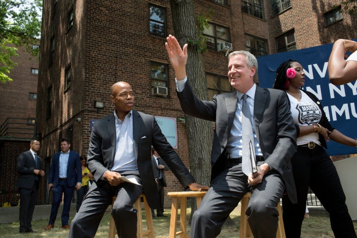 Bill de Blasio and Eric Adams, then the Brooklyn borough president, attend a groundbreaking ceremony in 2018. De Blasio quietly worked to help elect Adams as his successor.