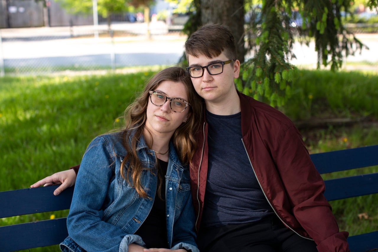 Nicole Sweda, right, with wife Annica last month in Grand Rapids.