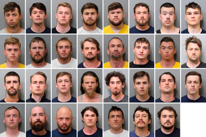 The 31 white supremacists who planned to attack a Pride event in Coeur D’Alene, Idaho. Top row, from left: Jared Boyce, Nathan Brenner, Colton Brown, Josiah Buster, Mishael Buster, Devin Center, Dylan Corio, and Winston Durham. Second row, from left: Garret Garland, Branden Haney, Richard Jessop, James Julius Johnson, James Michael Johnson, Connor Moran, Kieran Morris and Lawrence Norman. Third row, from left: Justin O'leary, Cameron Pruitt, Forrest Rankin, Thomas Rousseau, Conor Ryan, Spencer Simpson, Alexander Sisenstein and Derek Smith. Bottom row, from left: Dakota Tabler, Steven Tucker, Wesley Van Horn, Mitchell Wagner, Nathaniel Whitfield, Graham Whitsom and Robert Whitted.