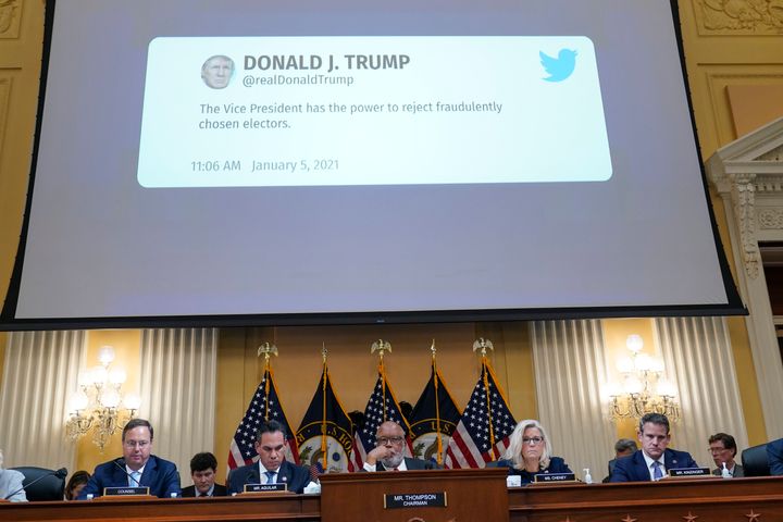 A Tweet from former President Donald Trump is displayed on a screen as the House select committee investigating the Jan. 6, 2021, attack on the Capitol holds a hearing at the Capitol in Washington, Thursday, June 16, 2022. (AP Photo/Susan Walsh)