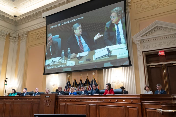 A video clip is displayed of former Attorney General Bill Barr as the House select committee investigating the Jan. 6 attack on the U.S. Capitol holds its first public hearing to reveal the findings of a year-long investigation, at the Capitol in Washington, Thursday, June 9, 2022. (AP Photo/J. Scott Applewhite)