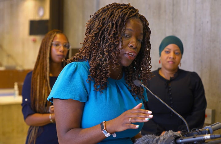 At a press conference outside the Christopher A. Iannella Chamber, Boston City Councilor Ruthzee Louijeune urges the Council to pass the resolution that the City apologize for Boston's role in the trans-Atlantic slave trade in Boston City Hall on June 15.