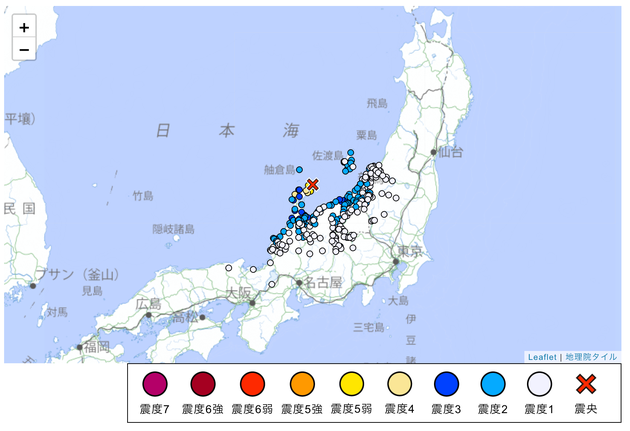 地震の震度や震源地を表す図