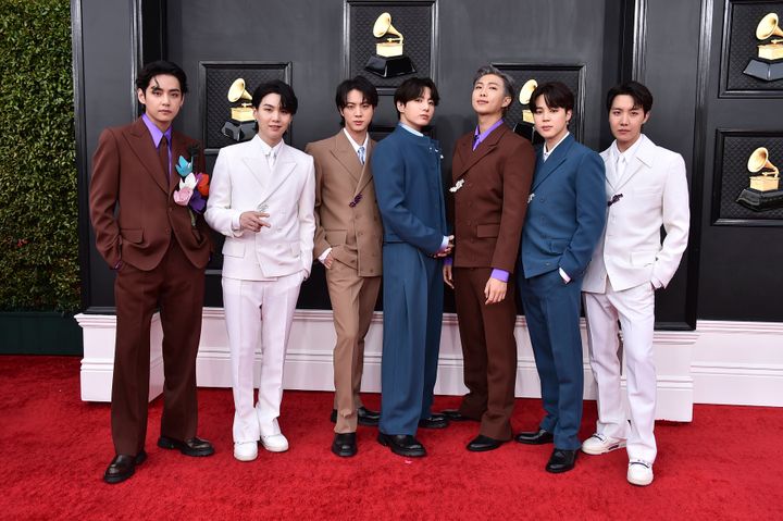 BTS arrives at the 64th Annual Grammy Awards at the MGM Grand Garden Arena on April 3, 2022, in Las Vegas. 