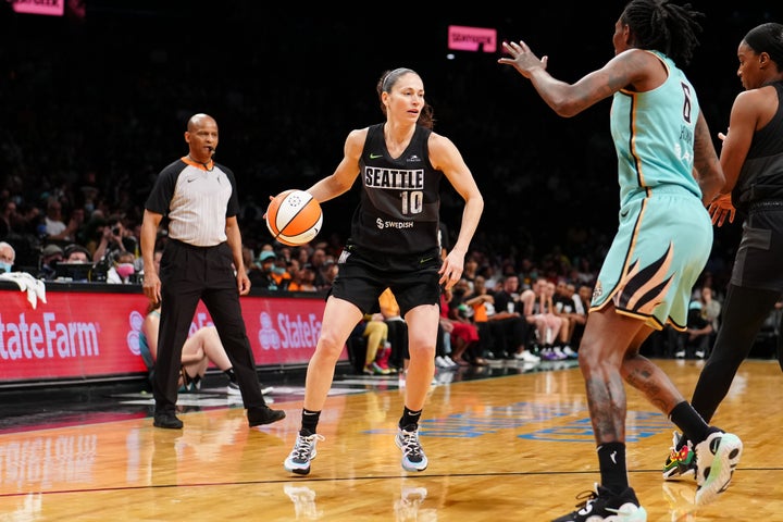 Sue Bird of the Seattle Storm dribbles the ball against the New York Liberty at the Barclays Center in Brooklyn, New York.