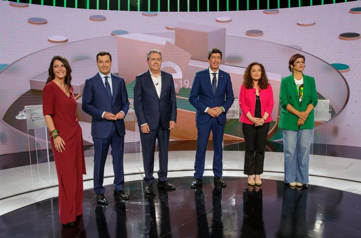 Los seis principales candidatos a la Presidencia de la Junta de Andalucía, en el segundo y último debate televisado antes de las elecciones del 19 de junio. 