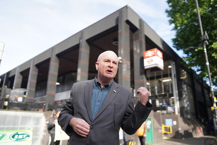 RMT general secretary Mick Lynch on a picket line outside Euston station in London.