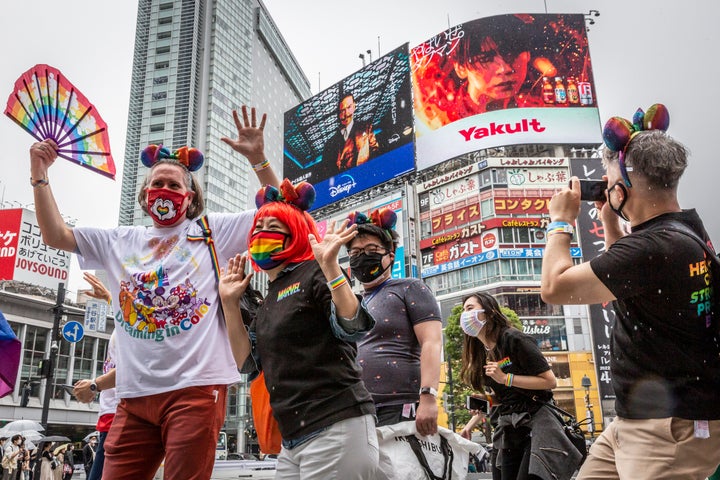 Participants march in the Tokyo Rainbow Pride parade on April 24, 2022, in Tokyo, Japan.