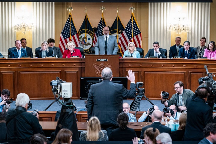 Former Fox News politics editor Chris Stirewalt is sworn in as Jan. 6 committee chairman Bennie Thompson (D-Miss.) and Vice Chair Liz Cheney (R-Wyo.) preside.