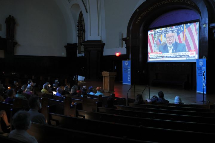 People watch the first hearing of the January 6th committee at the New York Society for Ethical Culture on June 9, 2022, in New York City.