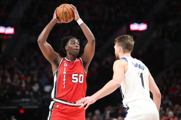Caleb Swanigan of the Portland Trail Blazers handles the ball against the Indiana Pacers on Jan. 26, 2020.