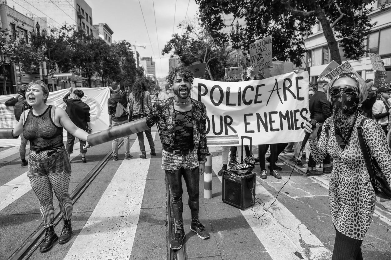 Protesters gathered on Market Street in an attempt to shut down the annual Pride Parade in San Francisco on June 30, 2019.