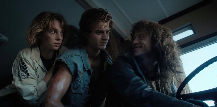 Robin Buckley (Maya Hawke), Steve Harrington (Joe Keery) and Eddie Munson (Joseph Quinn) in “Stranger Things” Season 4.