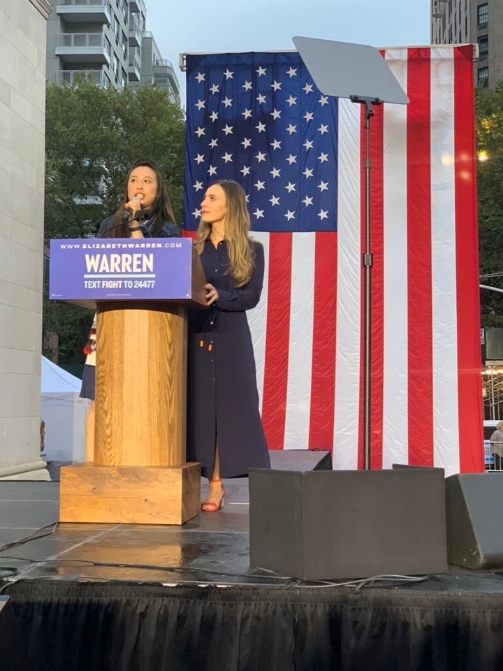 New York Assemblywoman Yuh-Line Niou (D), left, and state Sen. Alessandra Biaggi (D), a friend who is now also running for Congress, speak at a 2019 rally for the presidential campaign of Sen. Elizabeth Warren (D).