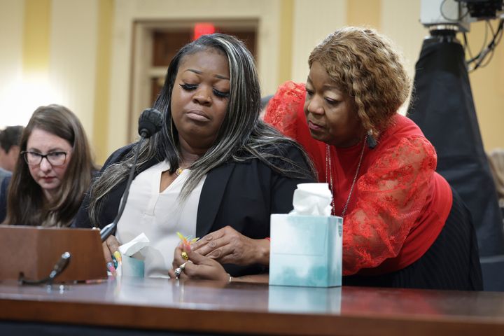 Wandrea “Shaye” Moss, left, a former Georgia election worker, is comforted by her mother, Ruby Freeman, during her testimony before the House select committee Tuesday.