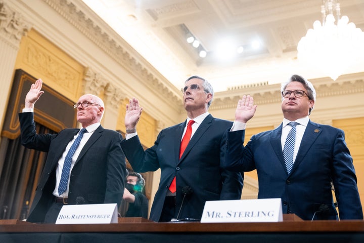 Three Republicans, Arizona state House Speaker Russell "Rusty" Bowers, left, Georgia Secretary of State Brad Raffensperger and Georgia election official Gabriel Sterling, testified about Trump's intimidation campaign after the 2020 election.