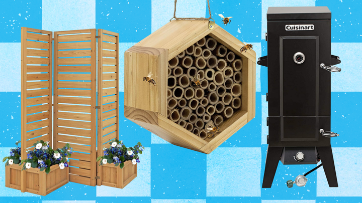 A Fusion planter cedar privacy screen, natural bamboo bee hive and Cuisinart vertical propane smoke to upgrade your backyard.