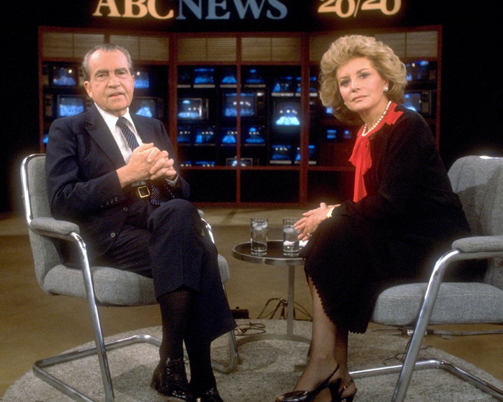 Walters interviews former President Richard Nixon about his presidency on "20/20" in May 1985.