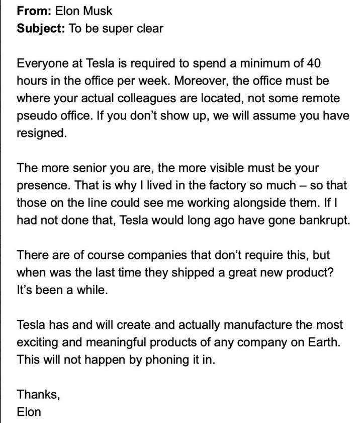 A screenshot of Elon Musk's email to Tesla employees.
