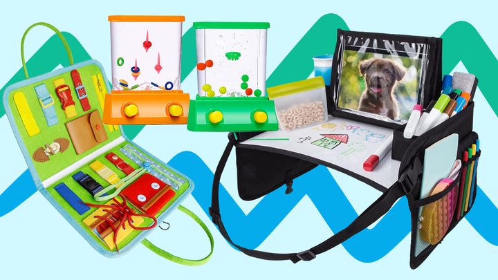 Busy board, mini water games and a dry erase tray you'll be happy to have for your next car ride.