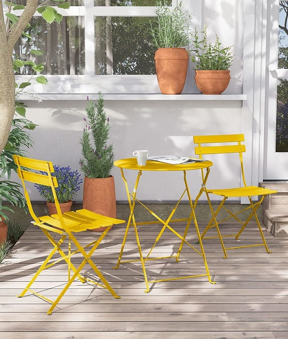 A super cute outdoor bistro set for enjoying warm weather drinks and bites