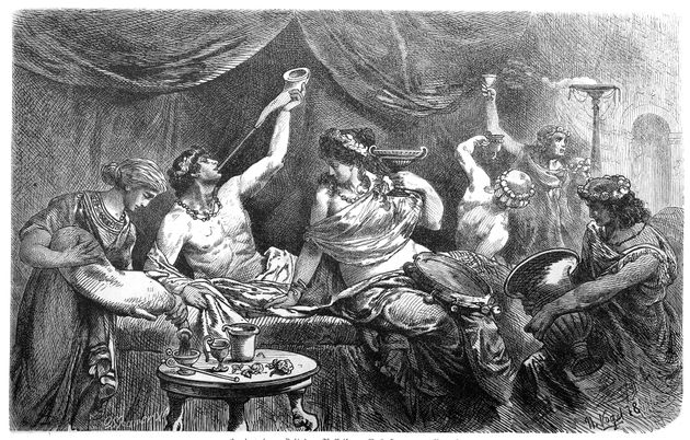 Illustration d'une orgie romaine (Bacchanalia, Messaline), ou le vin coulait à flots.