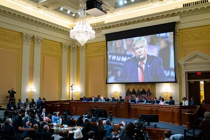An image of former President Donald Trump is displayed as the House select committee investigating the Jan. 6, 2021 attack on the U.S. Capitol continues to reveal its findings of a year-long investigation, at the Capitol in Washington, on June 21, 2022.