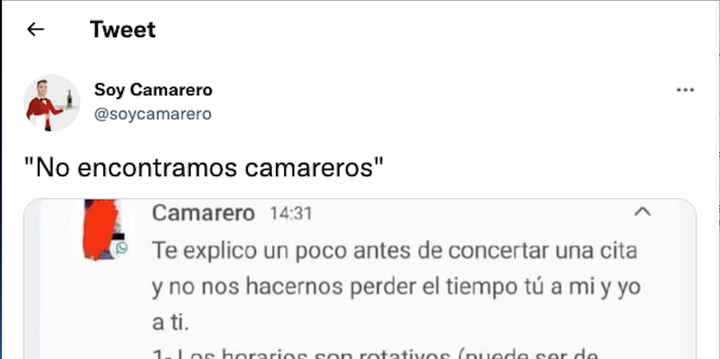 El tuit de @soycamarero con el WhatsApp del hostelero.