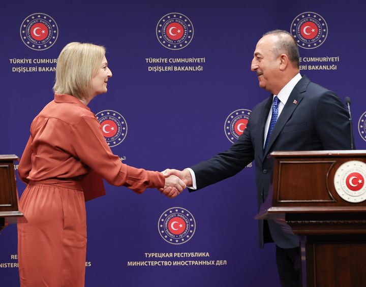Turkish Foreign Minister Mevlut Cavusoglu and British Secretary of State for Foreign Commonwealth and Development Affairs Liz Truss.