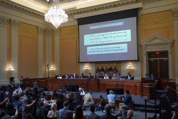The handwritten notes of Richard Donoghue, former acting deputy attorney general, are projected on a screen at the Jan. 6 House select committee hearing Thursday. Donoghue testified that President Donald Trump had urged him to "just say the election was corrupt."