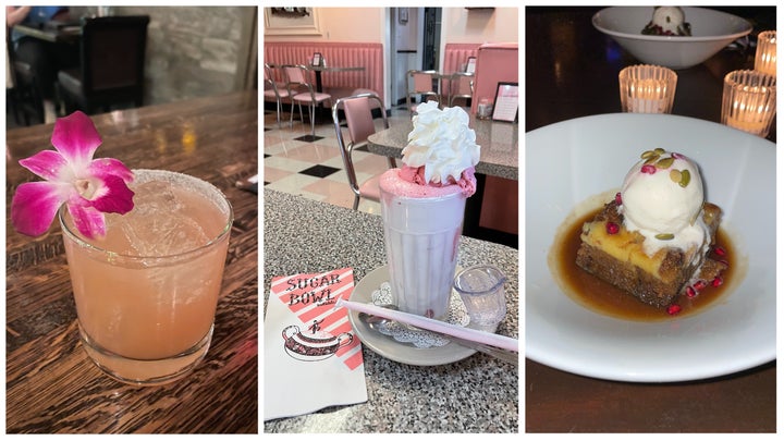 From left to right: A cocktail at Second Story Liquor Bar, strawberry treat at Sugar Bowl and pumpkin bread pudding at The Mission.