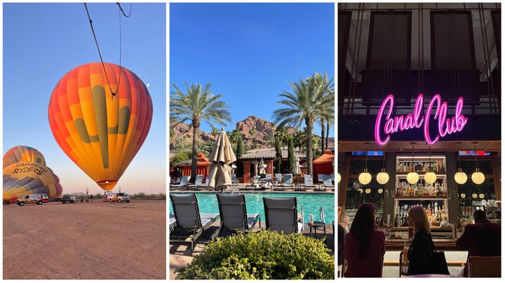 From left to right: a Rainbow Ryders hot air balloon, the Omni Scottsdale Resort & Spa in Montelucia and the Canal Club.