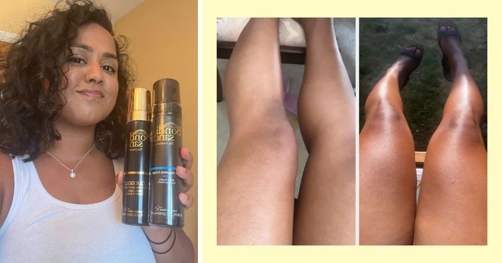 Before and after photos of Faima's fake tan legs. 