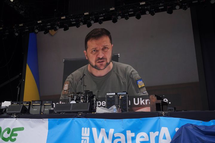 Video message by Ukrainian President Volodymyr Zelensky shown to the crowd at the Other Stage during the Glastonbury Festival 