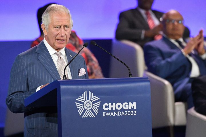 Prince Charles speaks on June 24 during the opening ceremony of the Commonwealth Heads of Government Meeting at Kigali Convention Centre in Rwanda. 