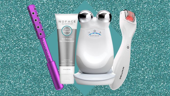 The Nurse Jamie instant uplift roller at Dermstore, NuFace Trinity at Amazon and BeautyBio GloPro dermaroller at Amazon.