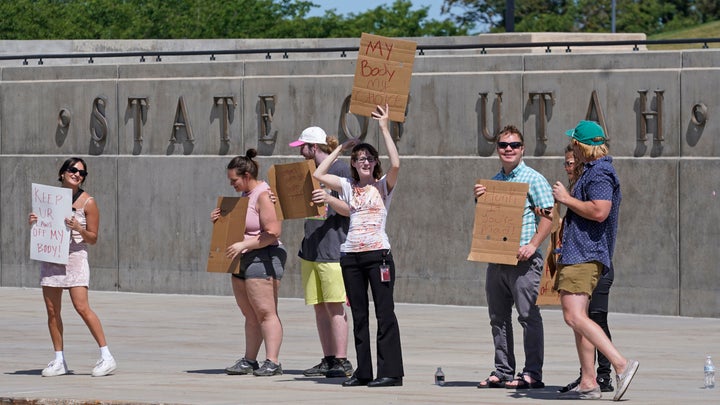 People protest for abortion rights at the Utah State Capitol on June 24, 2022, in Salt Lake City.