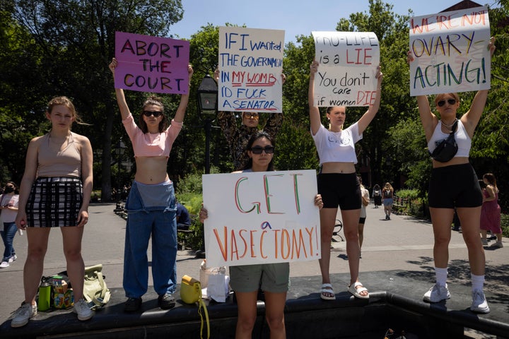 Abortion rights activists gather at Washington Square Park in New York City for a protest following the U.S. Supreme Court's decision to overturn the 1973 Roe v. Wade decision that established national abortion rights.