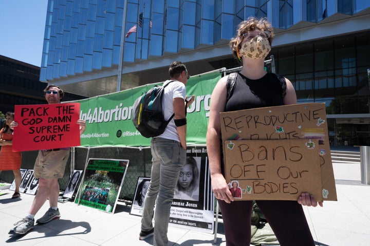 Rise4AbortionLA members protest the Roe v. Wade decision outside the Federal Courthouse in West Los Angeles.