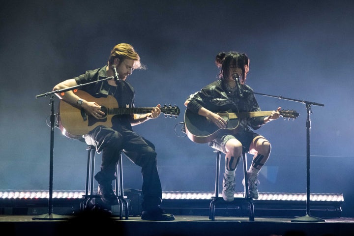 Billie Eilish performs with Finneas O'Connell as she headlines the Pyramid Stage during day three of Glastonbury Festival at Worthy Farm, Pilton on June 24, 2022 in Glastonbury, England. (Photo by Joseph Okpako/WireImage)