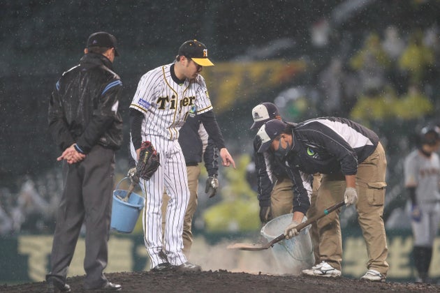 ※阪神園芸のイメージ写真。雨の中行われた試合の途中、マウンドを整備する阪神園芸のスタッフ（写真は2021年4月6日撮影、甲子園）