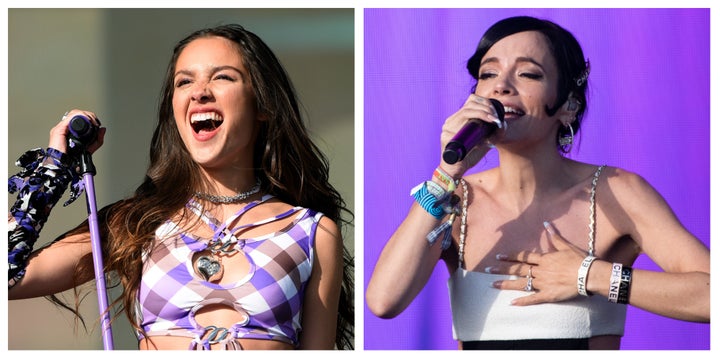 Olivia Rodrigo, left, and Lily Allen at the Glastonbury Festival in Pilton, England.