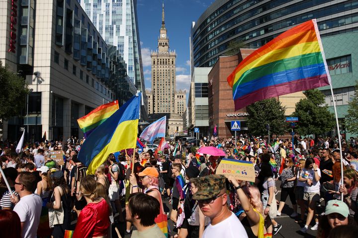 The event joined Warsaw's yearly equality parade, the largest gay pride event in central Europe, using it as a platform to keep international attention focused on the Ukrainian struggle for freedom. (AP Photo/Michal Dyjuk)